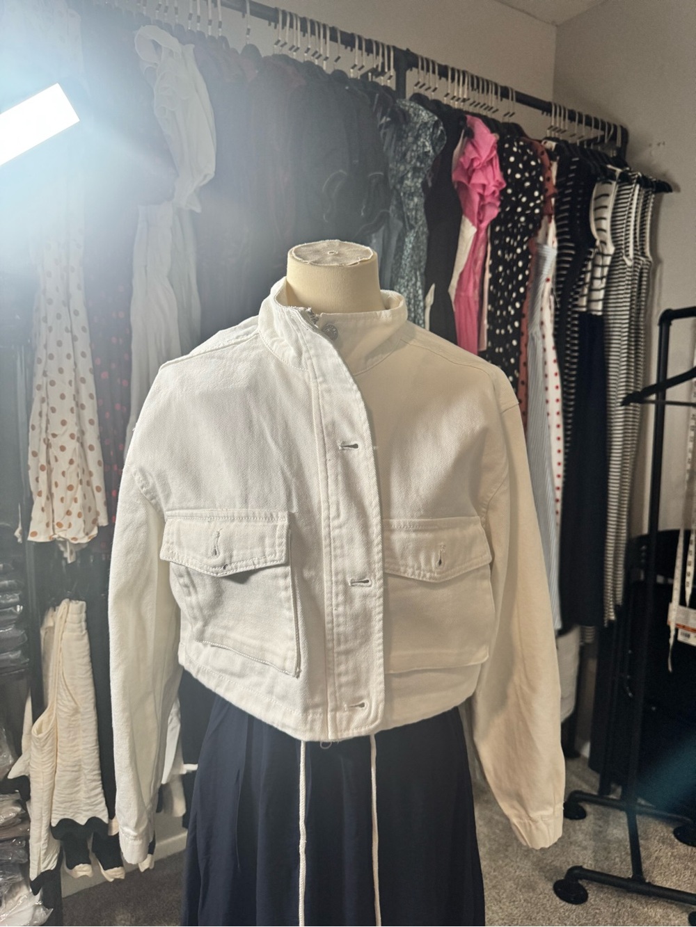 Love Tree White Cropped Denim Jacket with Drawstring Hem